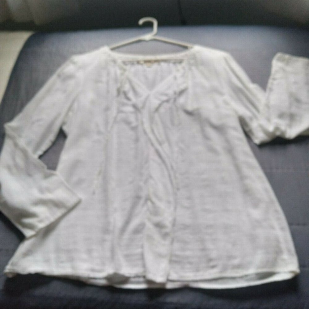 Loft White Blouse  Ruffle Front with tie neck, semi sheer Size Large